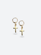 Load image into Gallery viewer, 18k gold plated Huggies cross earrings salty threads